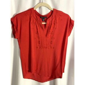 Cable and Gauge Orange Short Sleeve V-neck Blouse Women's Size XS